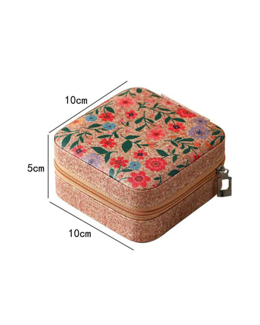 Camel Retro Floral Print Portable Square Jewelry Storage Box