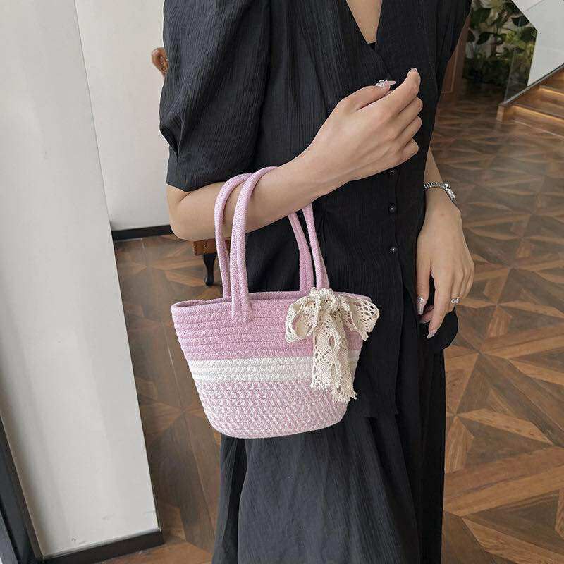Korean Style Woven Handbags with a Lace Bow