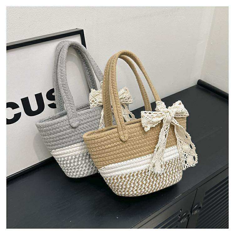 Korean Style Woven Handbags with a Lace Bow