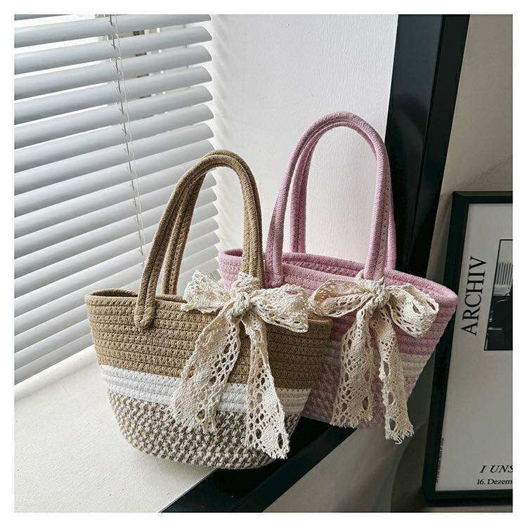 Korean Style Woven Handbags with a Lace Bow
