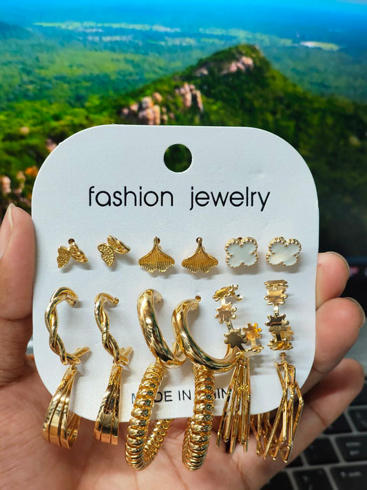 Elegant Gold Hoop Stud Earrings Set with Rhinestone Pearl ( Color Guarantee)